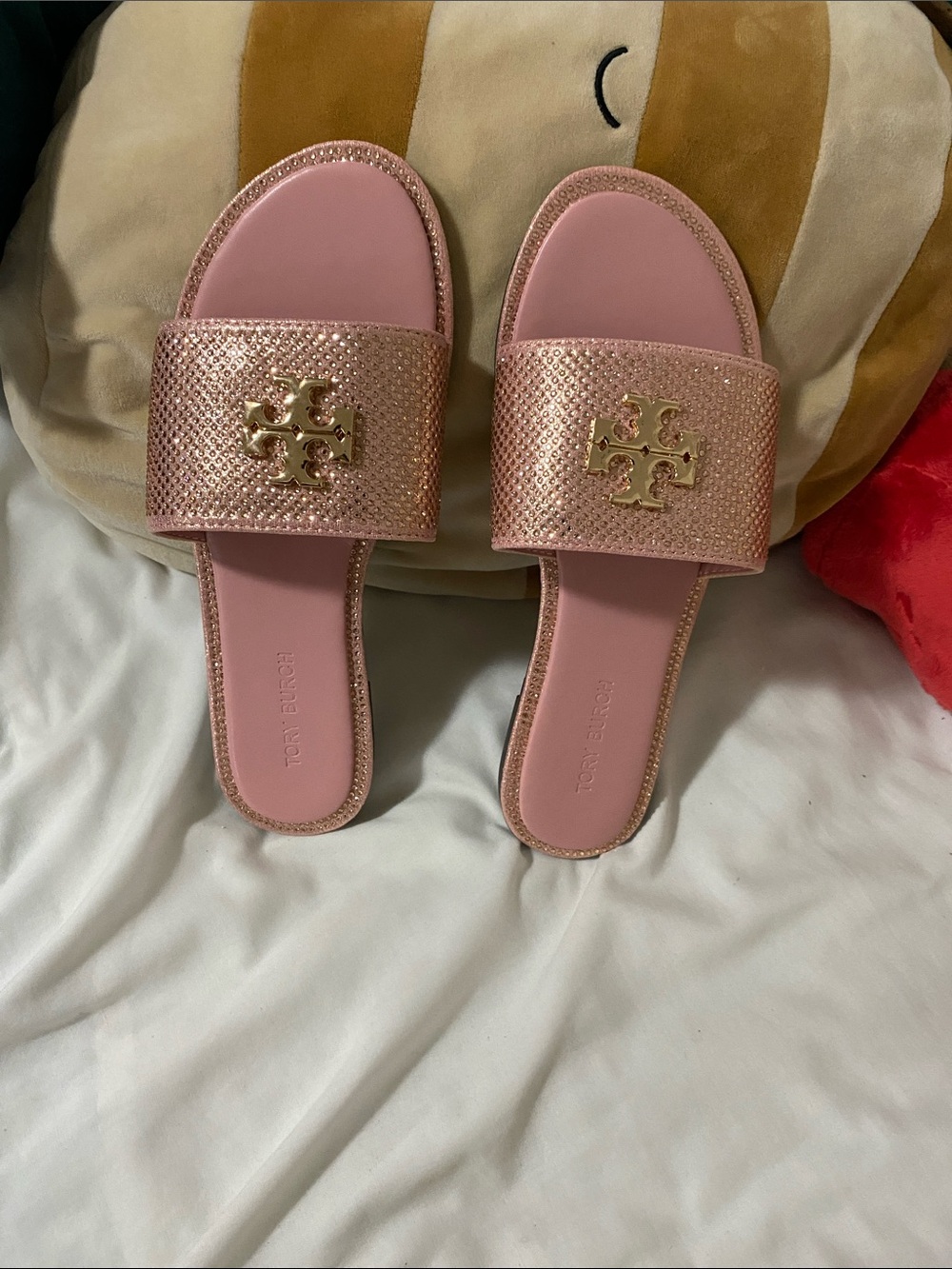 Tory Burch Rose Pink Metallic Logo Slide Sandals